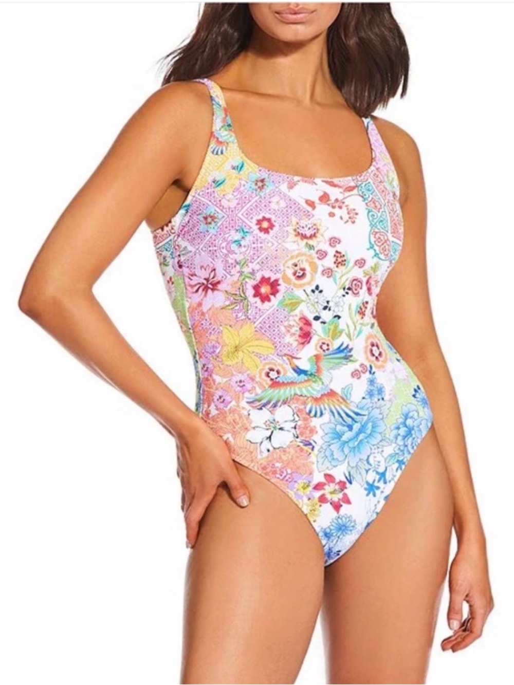 Johnny Was Multicolor Floral Mosaic One-Piece Swimsuit